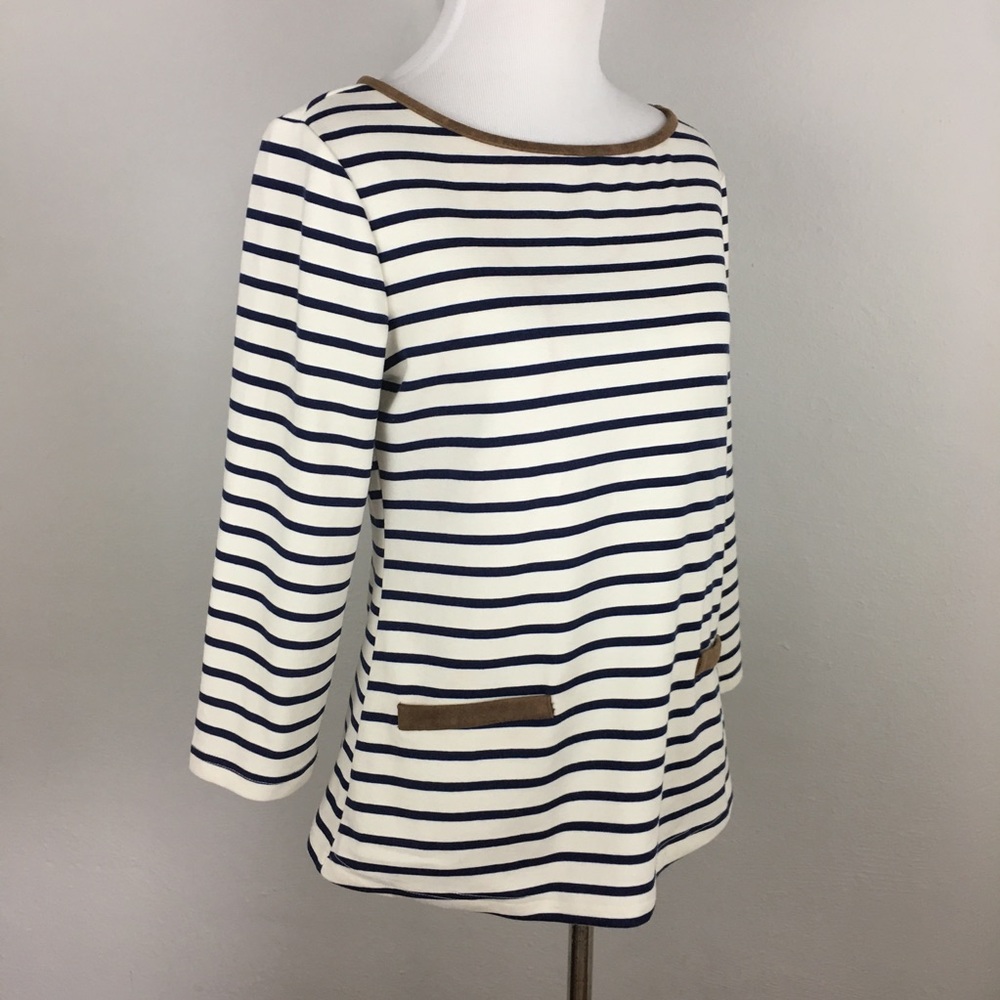 Navy Blue White Striped Suede Trim Top Size Small - Picture 3 of 8